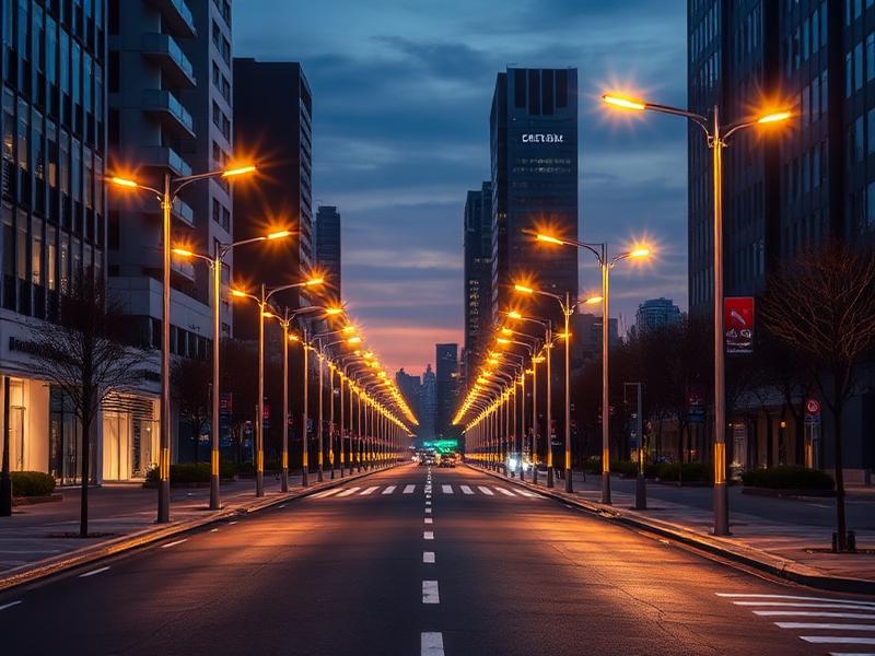 Iluminação pública moderna em cidade ao entardecer